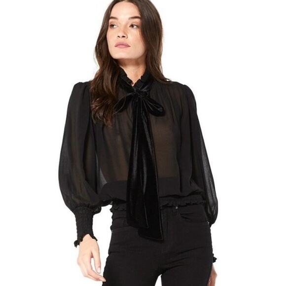 Elegant Misa Los Angeles Roial Top - Black Chiffon Blouse Tie Sash Velvet Large - Picture 9 of 9